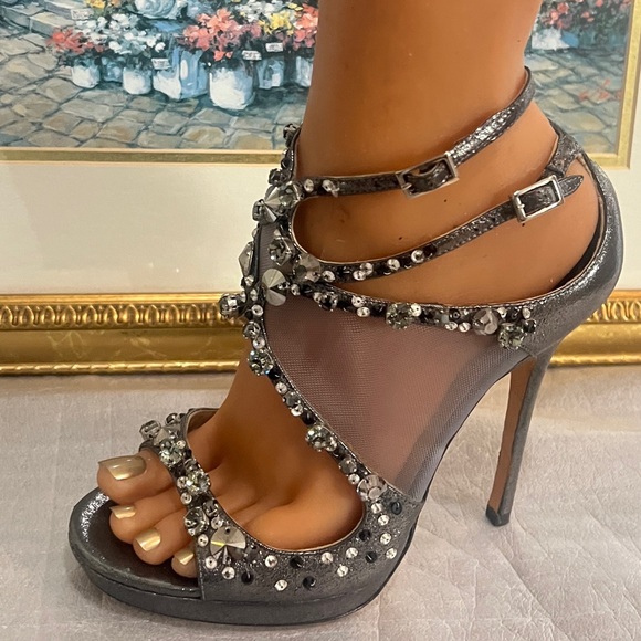 Jimmy Choo Viola Metallic Leather and Mesh Crystal Embellished Sandals Size 37. - Picture 1 of 17